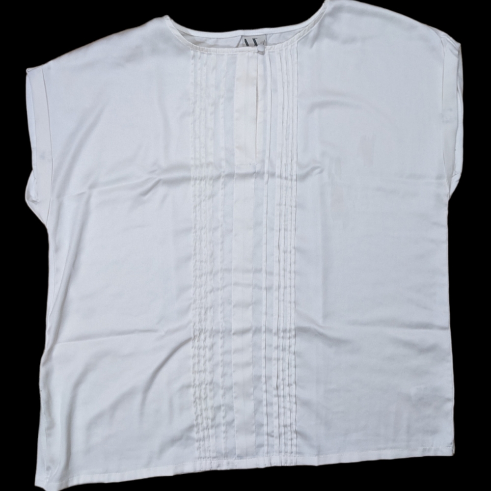 White pintuck pleated front white short sleeved satin blouse - Picture 3 of 5